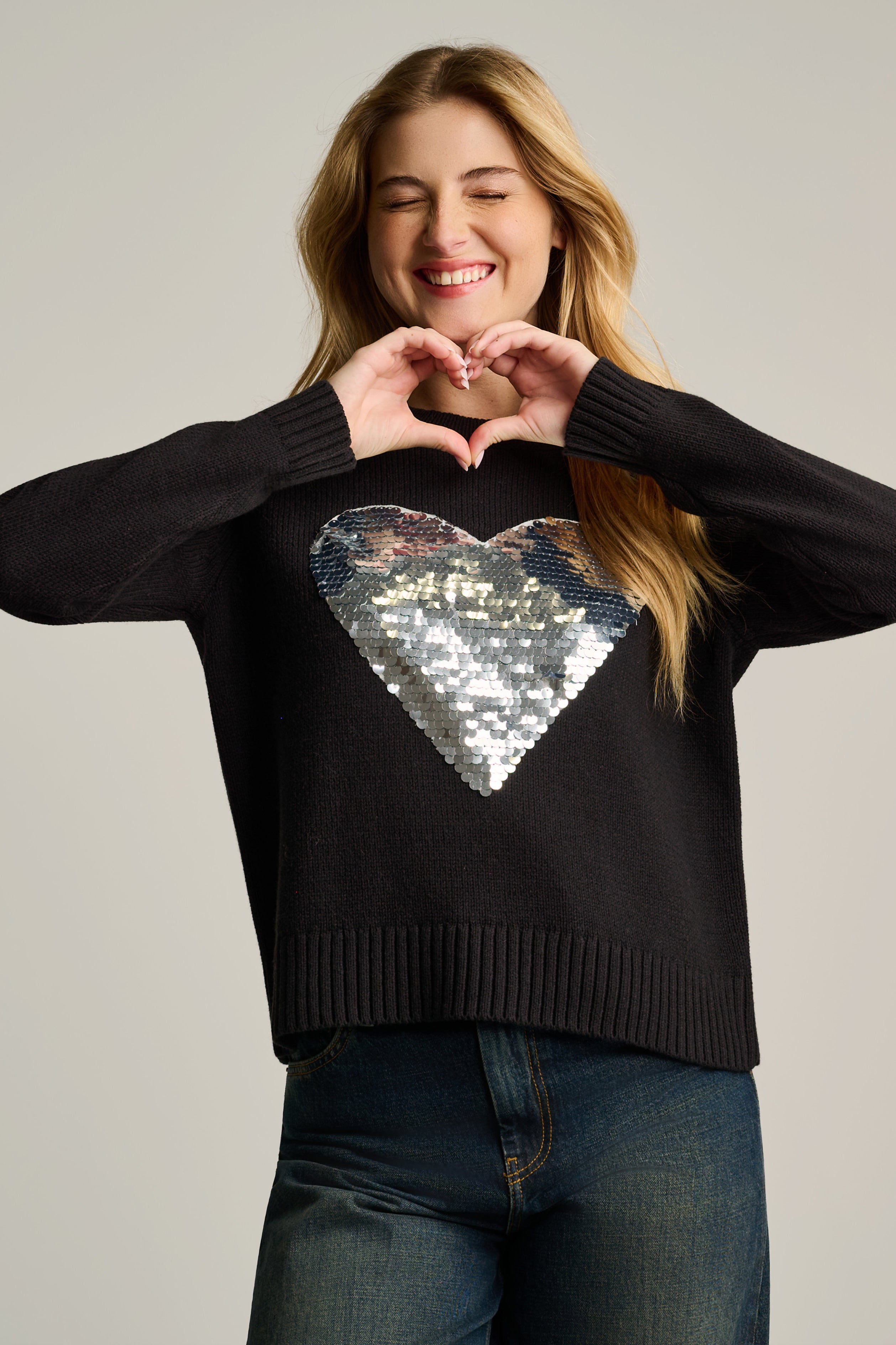 Love Shine Heart Cotton Crew Neck Sweater Black - Lisa Todd