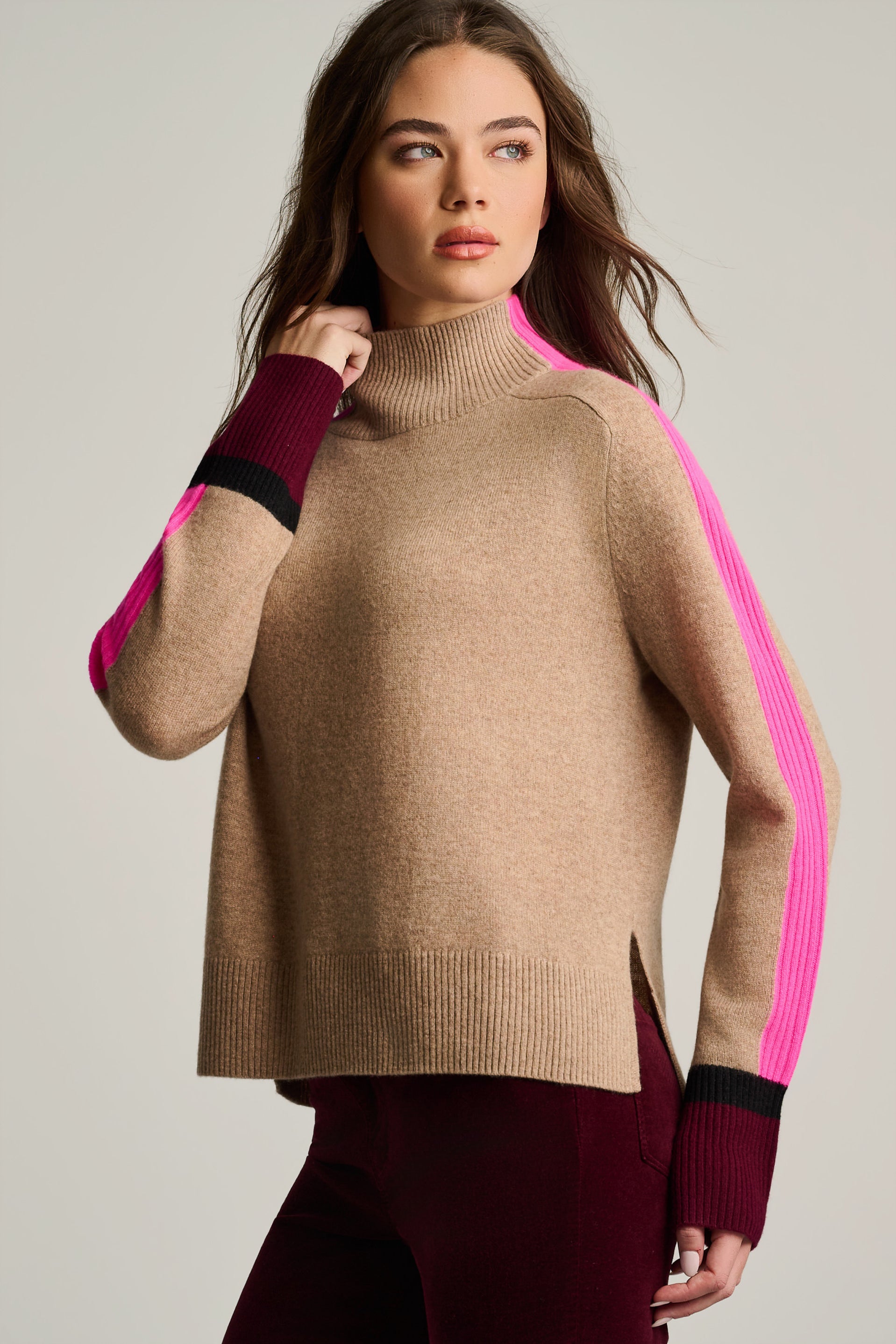 High Spirits Colorblock Cashmere Beige Turtleneck Sweater Biscuit - Lisa Todd