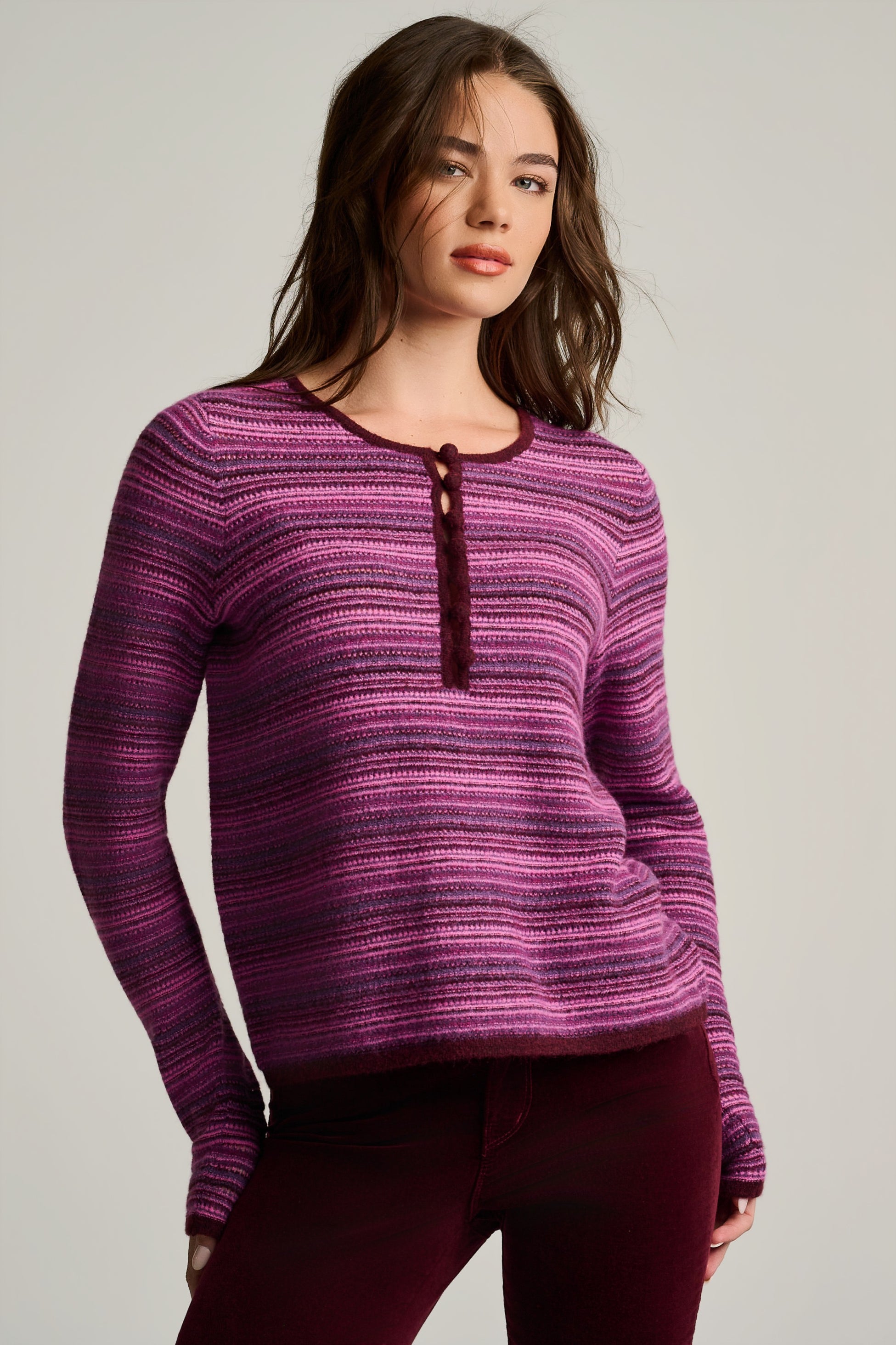 Knit Happens Stripe Viscose Merino Wool Pink Henley Sweater Pink Berry - Lisa Todd