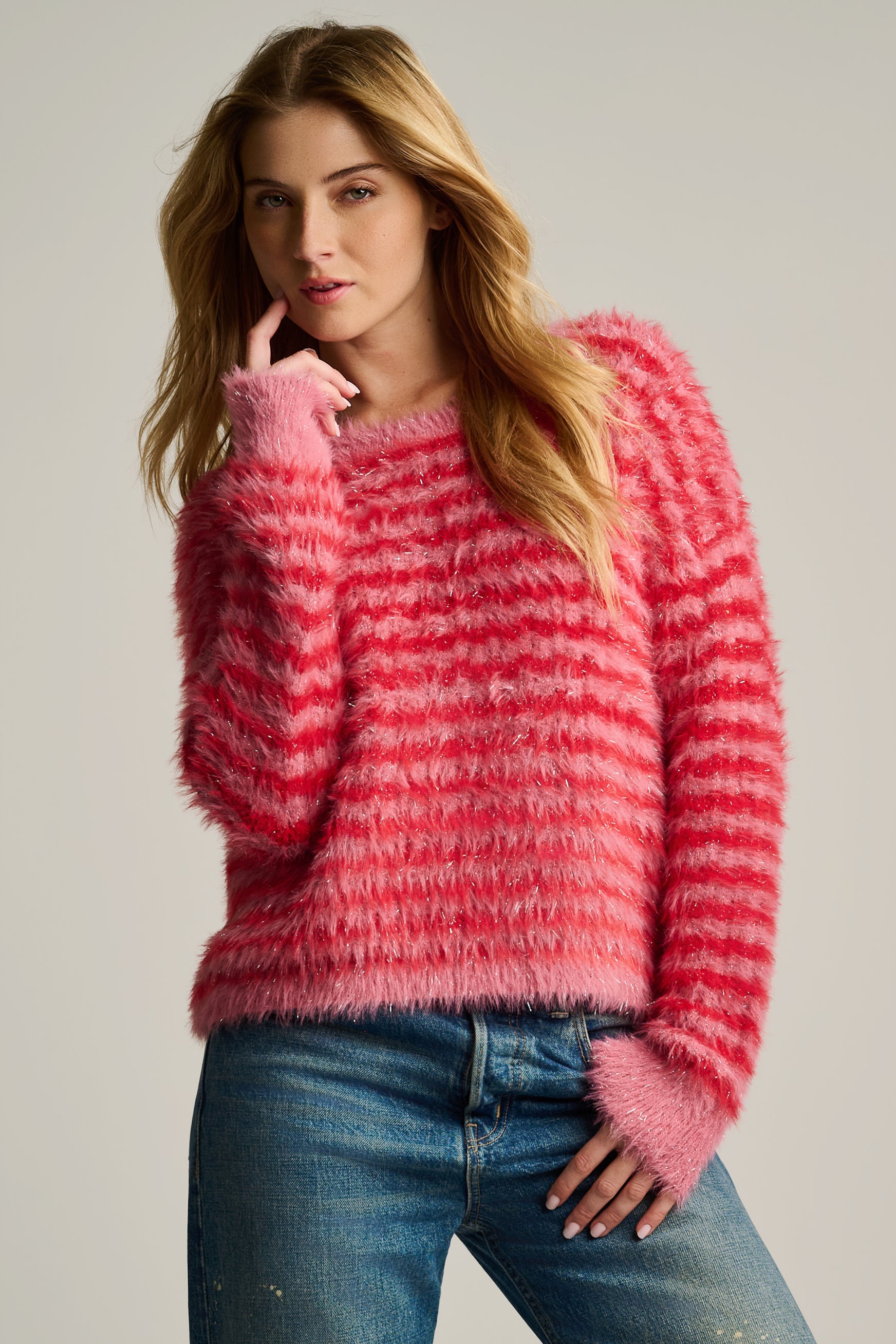 Stripe Mate Nylon Multicolor Crew Neck Sweater Pink Flash Combo - Lisa Todd